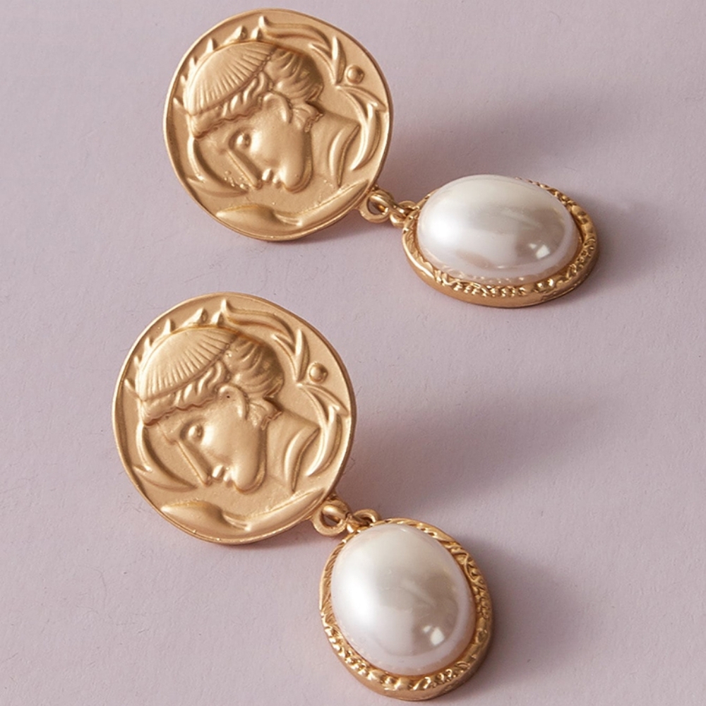 Gold Metal White Pearl Portrait Drop Dangle Earrings